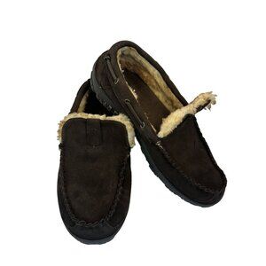 Mens Brown Suede Moccasin Slippers Faux Fur Lining 11M Comfort House Shoes